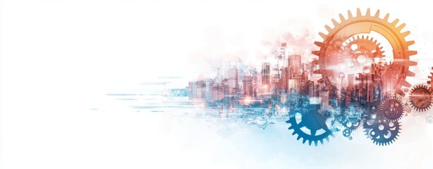 Futuristic elements, including gears and cogs, are set against a light gray and blue digital background that explores technology