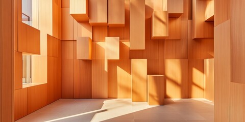 Poster - Abstract Architectural Space Warm Wooden Paneling in Sunlit Room - Modern Design Content and Innovative Commercial Interior Solutions for Contemporary Office Environments