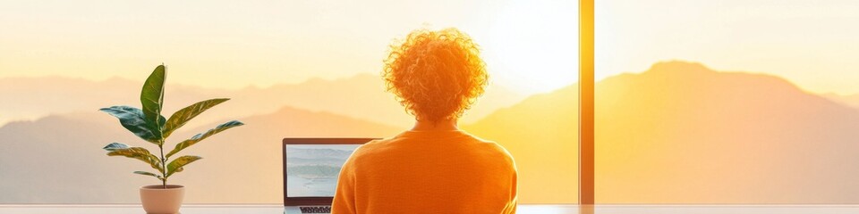 Poster - Sunrise Digital Nomad Workspace Casual Laptop Setup with Scenic Mountain View - Inspiring Remote Work Lifestyle and Modern Creativity in Natural Settings