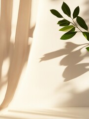 Aufkleber - Modern Theater Aesthetics Draped Linen Curtain with Leafy Shadow - Elegant Stage Decor for Premium Drama and Interior Design in Eco-Friendly Entertainment Spaces