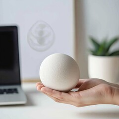 Poster - Minimalist Wellness Workspace Stress Ball in Korean Employees Hands with Laptop and Mindfulness Poster - Enhancing Corporate Mental Health and Modern Office Design