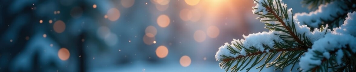 Wall Mural - shimmering bokeh lights dance across snowy pine branches, frost, pine, branch