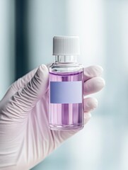 Poster - Minimalist Lab Aesthetic Transparent Vial of Purple Liquid in Gloved Hand - Precision in Pharmaceutical Innovation and Diagnostic Accuracy for Health Professionals