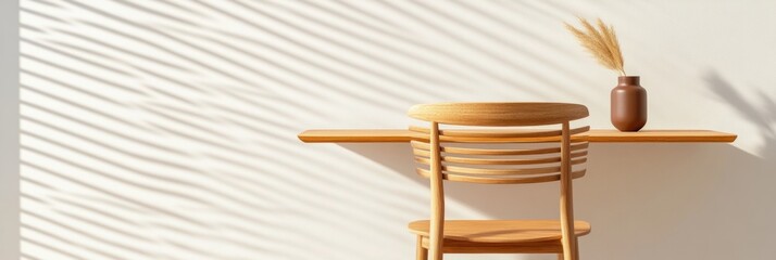 Poster - Scandinavian Minimalist Workspace Sleek Wooden Desk and Ergonomic Chair in Sunlit Room - Modern Home Office Design for Productivity and Wellbeing in Remote Work Settings