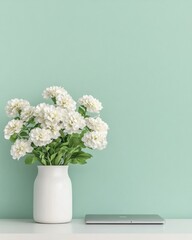 Poster - Minimalist Workstation Aesthetic White Vase with Flowers on Clean Desk - Inspiring Remote Productivity and Sleek Home Office Content for Modern Professionals