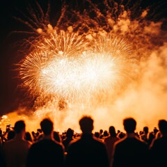 Aufkleber - Vibrant Fireworks Illuminations Nighttime Celebration with Crowd Silhouettes and Orchestrated Explosions - Event Planning Visuals for Festive Atmosphere and Cultural Engagement