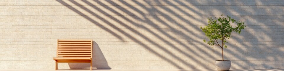 Poster - Minimalist Outdoor Architecture Wooden Bench and Potted Tree Shadow Play - Modern Urban Design and Sustainable Landscaping for Social Spaces
