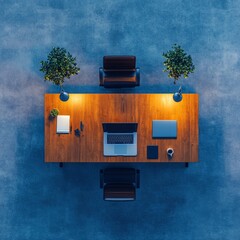 Poster - Modern Executive Office Setup Ergonomic Wooden Desk with Dual Monitors and Accessories - Professional Workspace Design and Flexible Business Solutions