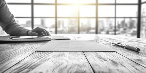 Fototapete - Monochrome Office Vibe Entrepreneurial Strategy with Document and Pen on Wooden Desk - Business Innovation and Professional Planning for Modern Enterprises