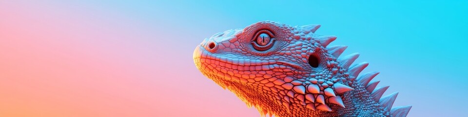 Poster - Contemporary Fantasy Creature Design Scaled Dragon Portrait on Gradated Backdrop for Gaming Industry Visual Content and Engagement in Interactive Storytelling