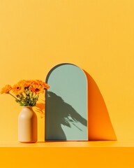 Poster - Retro-Chic Floral Display Vibrant Vase with Sunlit Gerberas Against Bold Orange Backdrop - Visual Content for Creative Marketing and Design Aesthetics