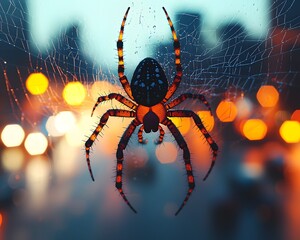 glowing spider s intricate trap in illuminated urban landscape