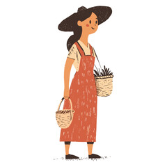 Sticker - Woman farmer illustration baskets style vector