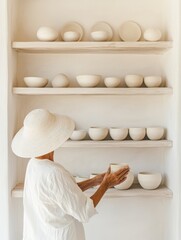 Fototapete - Minimalist Ceramic Showcase Korean Artisan Curates Handmade Pottery on Wooden Shelves - Sustainable Home Decor and Organic Interior Design for Contemporary Living Spaces