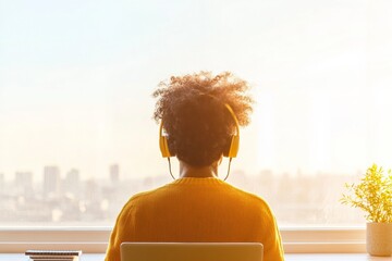 Poster - Minimalist Home Study Vibe Tech-Savvy Student in Bright Window Light with Laptop and Headphones - Enhanced E-Learning Experience for Modern Education and Skill Development