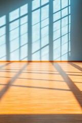 Poster - Minimalist Sunlit Space Wooden Floor with Geometric Light Patterns - Versatile Office Design and Eco-conscious Interior for Modern Work Environments