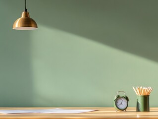 Fototapete - Minimalist Exam Desk Aesthetic Organized Study Setup with Brass Pendant, Analog Timer and Pencils on Oak - Academic Focus and Productivity Content for EdTech and Learning Spaces