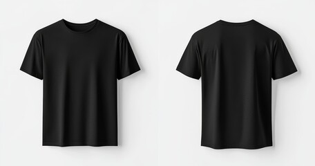 A black t-shirt is shown from the front and back, set against a plain white background, perfect for use in a mock-up design template