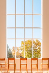 Poster - Contemporary Learning Space Sunlit Classroom with Wooden Chairs and Scenic View - Educational Design and Digital Integration for Enhanced Student Engagement
