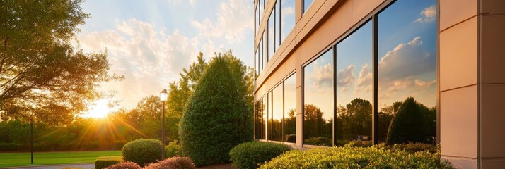 Aufkleber - Eco-Chic Office Building Design Reflective Glass Facades and Landscaped Entrance - Corporate Innovation Hub and Sustainable Infrastructure for Modern Business Growth