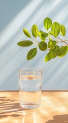 Poster - Minimalist Workspace Aesthetic Glass Tumbler with Plant on Wooden Surface - Contemporary Home Office Design and Digital Branding for Remote Work Efficiency