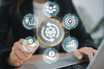 Wall Mural - digital interface illustrating human resource management with business icons, symbolizing modern wor