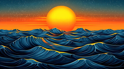 Poster - Ocean sunset wavescape, starry night background