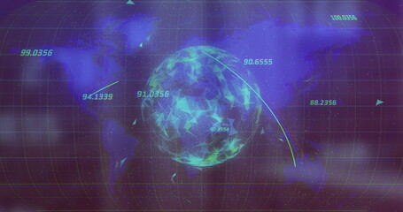 Wall Mural - image of data processing over globe and world map