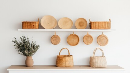 Fototapete - Crafting Authentic Retail Displays Woven Baskets and Textures on Minimalist Shelving - Boho Chic Store Design for Contemporary Merchandising in Sustainable Retail Spaces