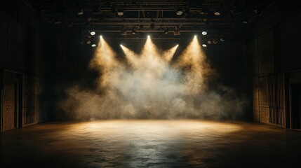 Wall Mural - an empty stage is set with illuminated podium, surrounded by stage fog and smoke, and lit up by thea