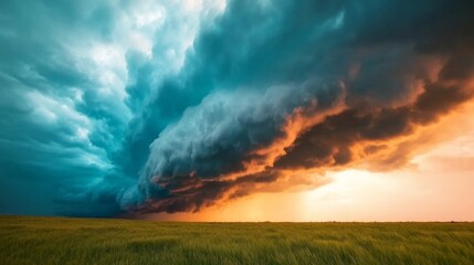 Fototapete - Moody Atmospheric Landscape Dramatic Storm Clouds over Vibrant Field - Climate Awareness and Meteorology Stock for Environmental Reports and Awareness Campaigns