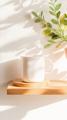 Aufkleber - Scandinavian Minimalist Reading Nook Ceramic Mug on Wooden Shelf with Sunlit Foliage - Wellness Content for Cozy Home Styling and Mindful Living