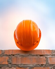 Aufkleber - Contemporary Project Management Visualization Orange Safety Helmet on Brick Wall - Building Industry Focused and Risk Assessment Content for Construction Site Oversight