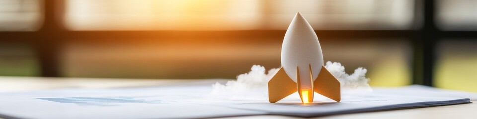 Fototapete - Dynamic Startup Visualization Miniature Rocket on Business Documents with Smoke Effect - Strategic Concept Imaging for Business Innovation and Corporate Presentation