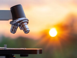 Leinwandbilder - Contemporary Scientific Exploration Metallic Microscope Lens and Sunset Glow - Precision Optics for Modern Medical Research and Innovative Lab Environments