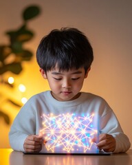 Aufkleber - Interactive E-Learning Scene Young East Asian Student Engaged in Tablet Math Lesson - Vibrant Digital Tutoring Experience for Modern Education and Tech Innovation