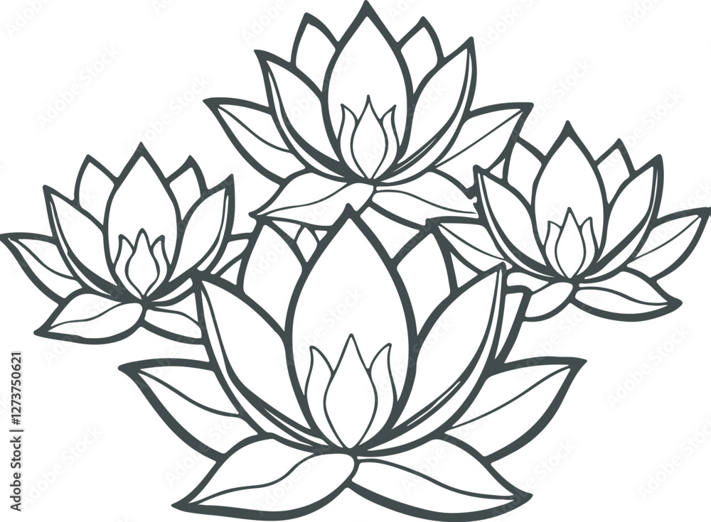 Black and white line art Silhouette water lily  flowers  vector doodle art in white background