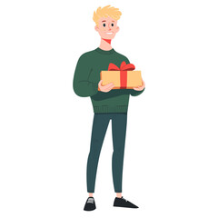 Canvas Print - Teen man holding gift box illustration blonde green vector