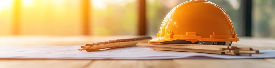 Aufkleber - Contemporary Construction Coordination Safety Helmet on Blueprints with Sunlit Structural Beams for Industrial Compliance and Project Management Innovation