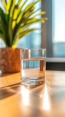 Poster - Modern Minimalist Office Glass Water Tumbler on Sunlit Wooden Table - Enhancing Focus and Productivity in Sustainable Workspaces