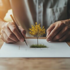 Poster - Biophilic Design Sketch Hands Drafting Sustainable Landscape on White Paper in Sunlit Office - Eco-Innovation for Modern Urban Planning and Green Architecture