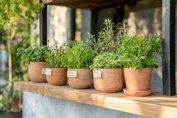 Fototapete - Rustic Herb Display Terracotta Pots with Fresh Greenery on Wooden Shelf - Eco Chic Retail Design and Urban Gardening Inspiration for Sustainable Market Promotion