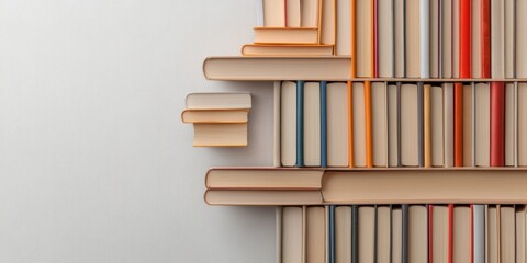 Poster - Minimalist Book Display Curved Wooden Bookshelf Wall with Leather-Bound Volumes - Modern Library Interior and Educational Content for Knowledge Repositories