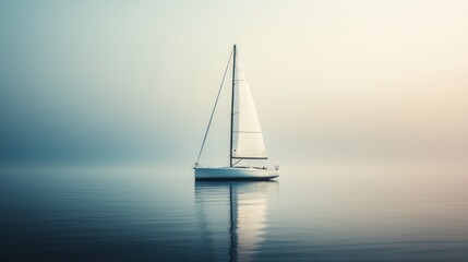 Wall Mural - A serene sailboat anchored in calm waters, surrounded by misty atmosphere.