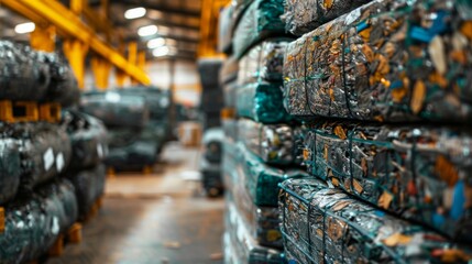 Aufkleber - Bales of sorted and compressed recyclable materials are stacked in a large industrial facility, demonstrating operations focused on sustainability and efficient waste processing.