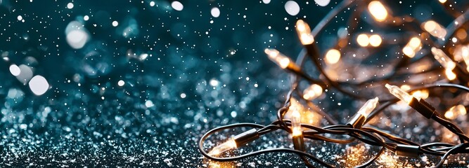 Wall Mural - a dark blue background with bokeh lights and a christmas garland shining in warm colours generates a