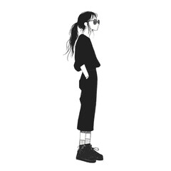 Sticker - A hipster woman standing illustration black white vector