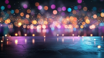 Wall Mural - An empty concert venue with a blurred background and colorful stage lights effectively captures the lively atmosphere of a music event or festival with a bokeh blur
