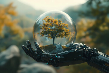 Wall Mural - Earth crystal glass globe ball and tree in robot hand saving the environment, save a clean planet, ecology concept. technology science of environment concept for the development of sustainability.