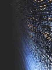 Computer data transfer is conceptualized through the image of a blue background with binary code